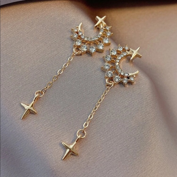 Gold Celestial Crystal Moon Chain Dangle Earrings - Picture 5 of 6